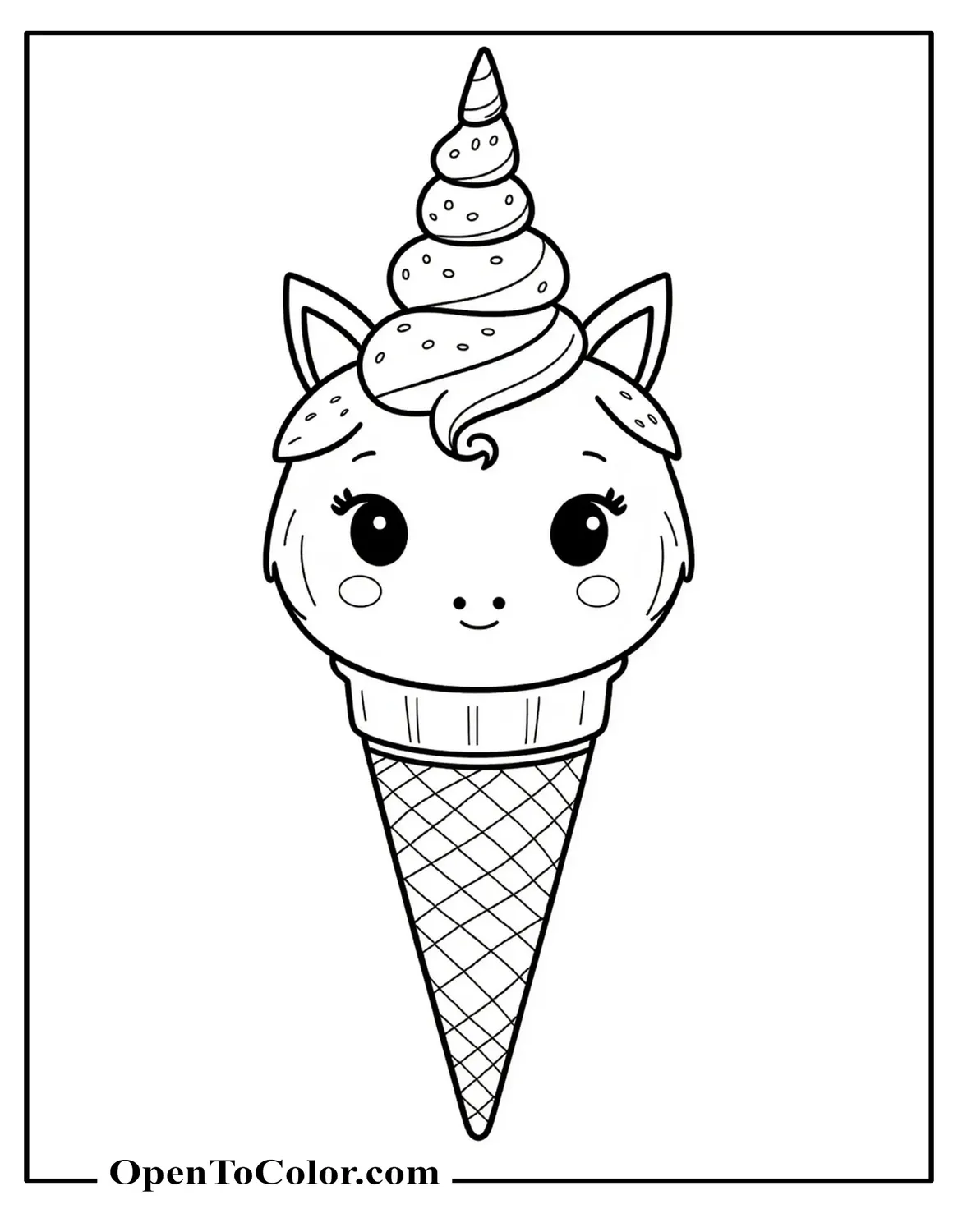 Ice Cream Cone In A Shape Of A Cute Unicorn's Head And A Horn Coloring Page Printable