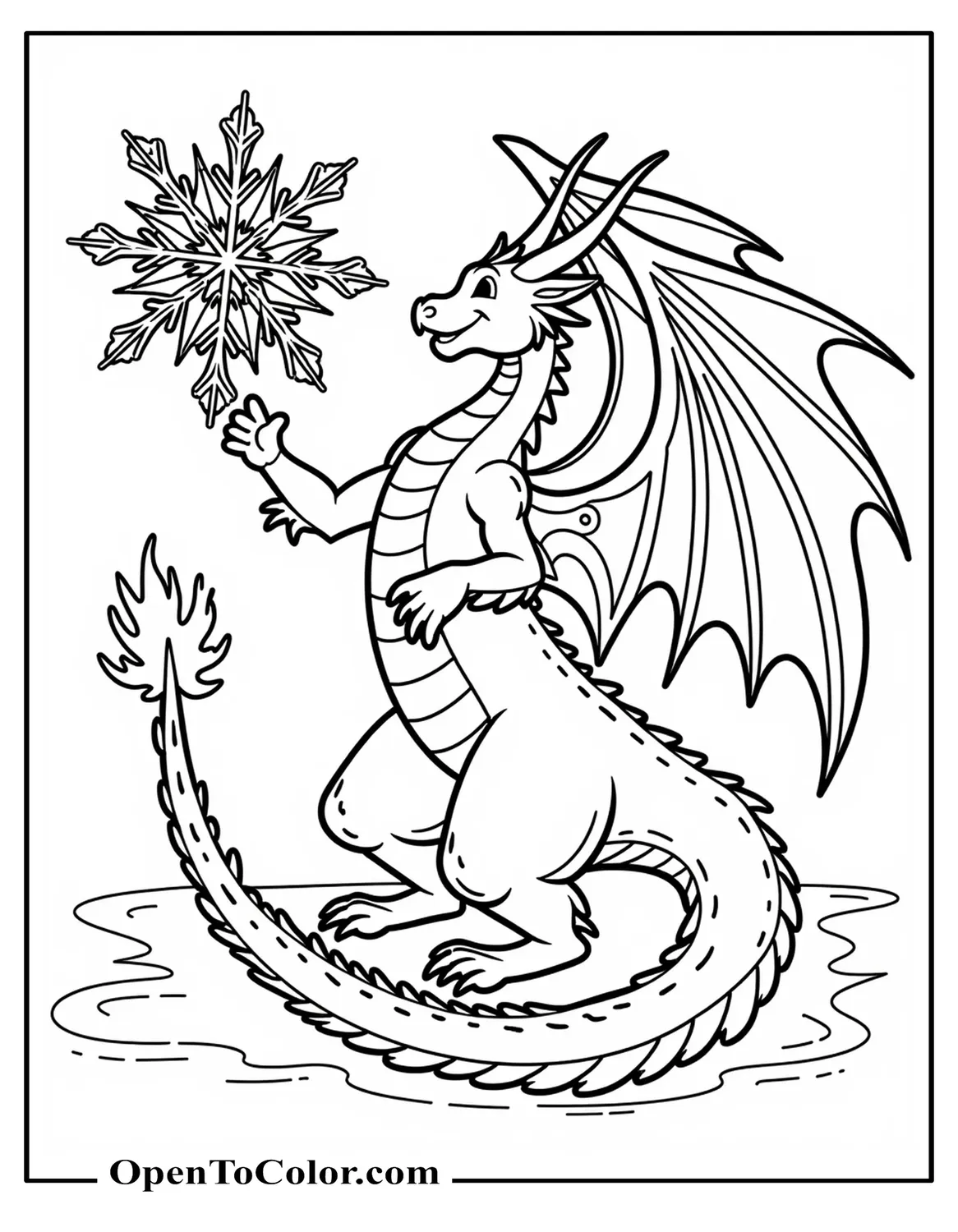 Printable Coloring Sheet of Ice Dragon Exhaling Frost Sculpting Giant Snowflake