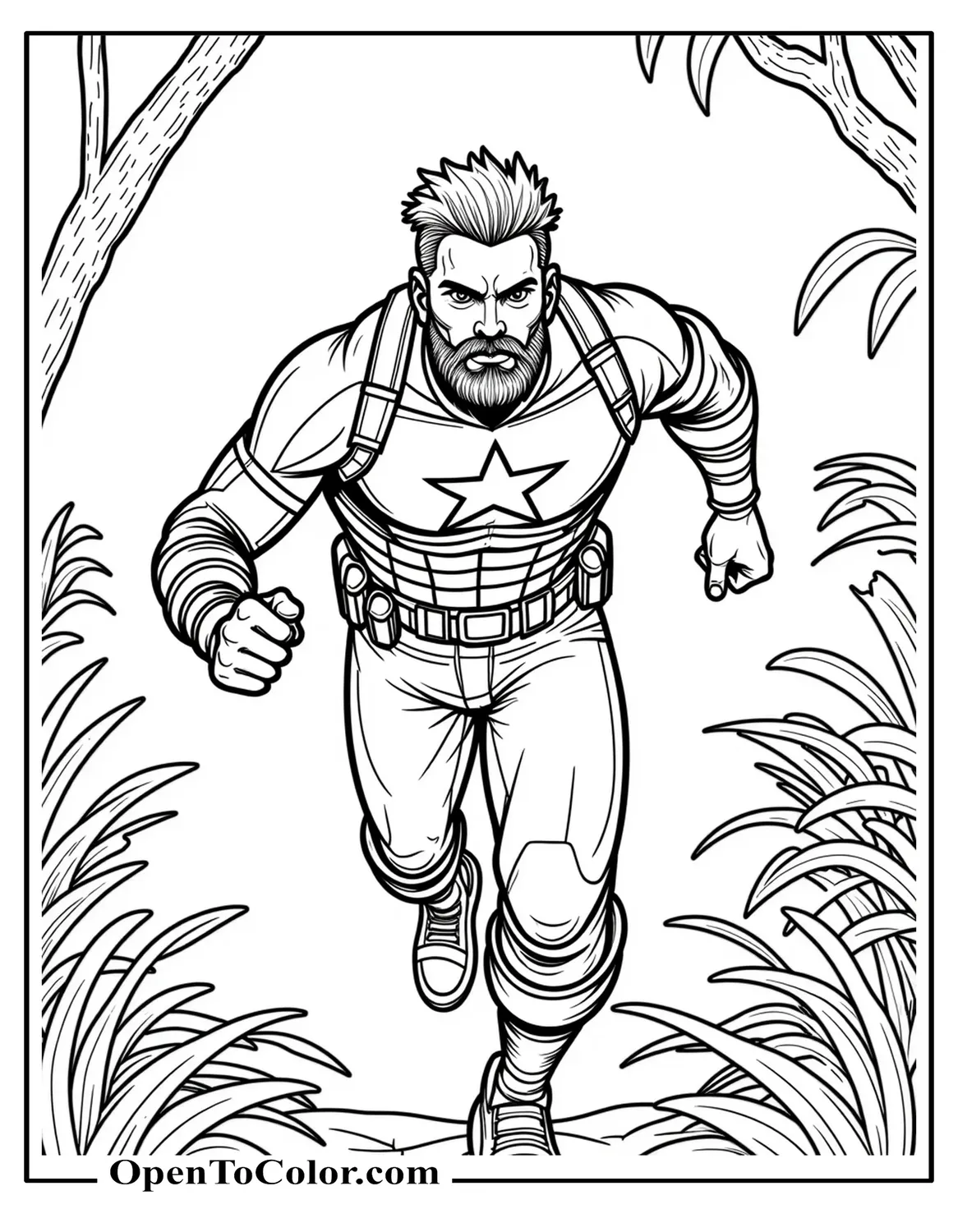Bearded Infinity War Captain America sprinting through jungle foliage, intense expression, coloring sheet, printable.