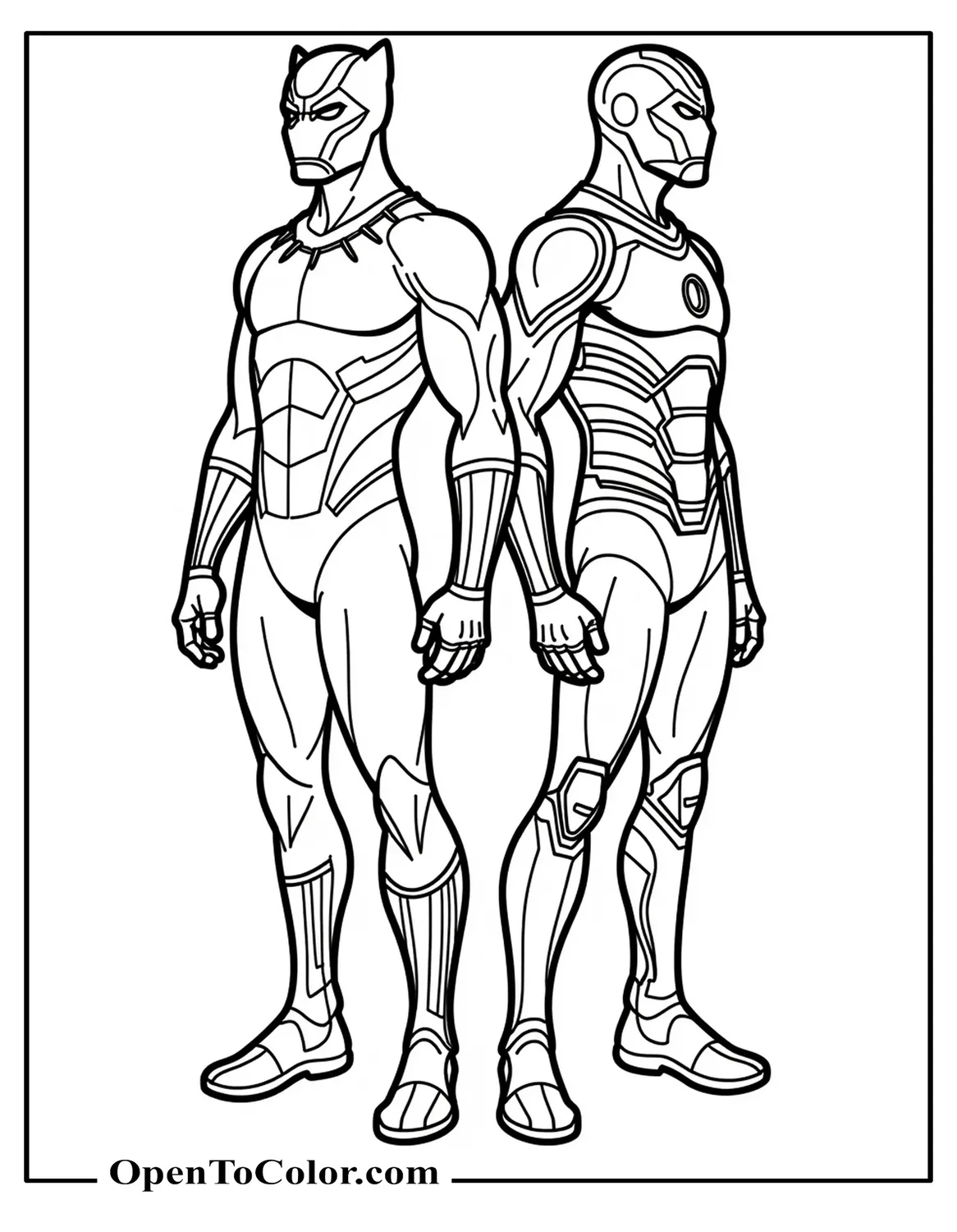 Black Panther and Iron Man Back-To-Back, Claws and Repulsor Ready, Free Coloring Sheet