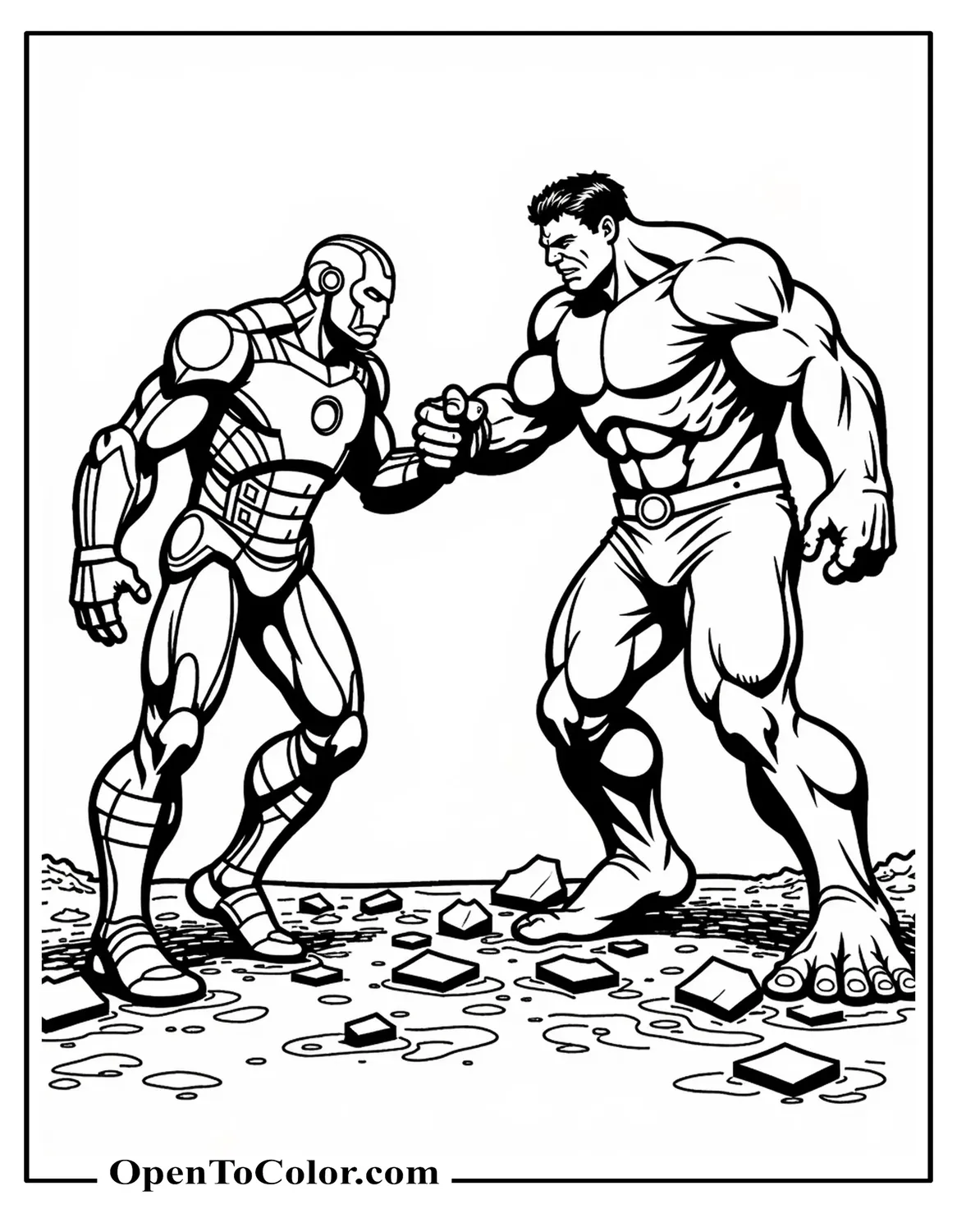Iron Man and Hulk fist-bumping amid shattered ground pieces coloring sheet printable