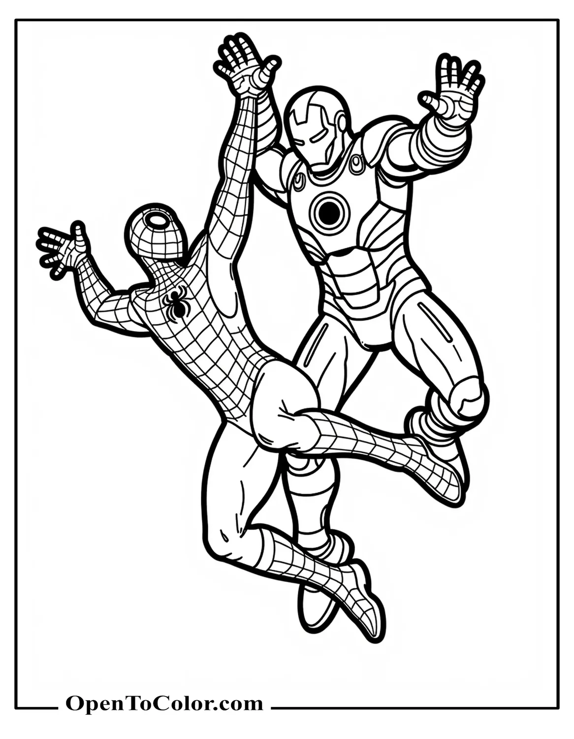 Spider-Man Hanging Upside Down High-Fiving Flying Iron Man Coloring Sheet PDF