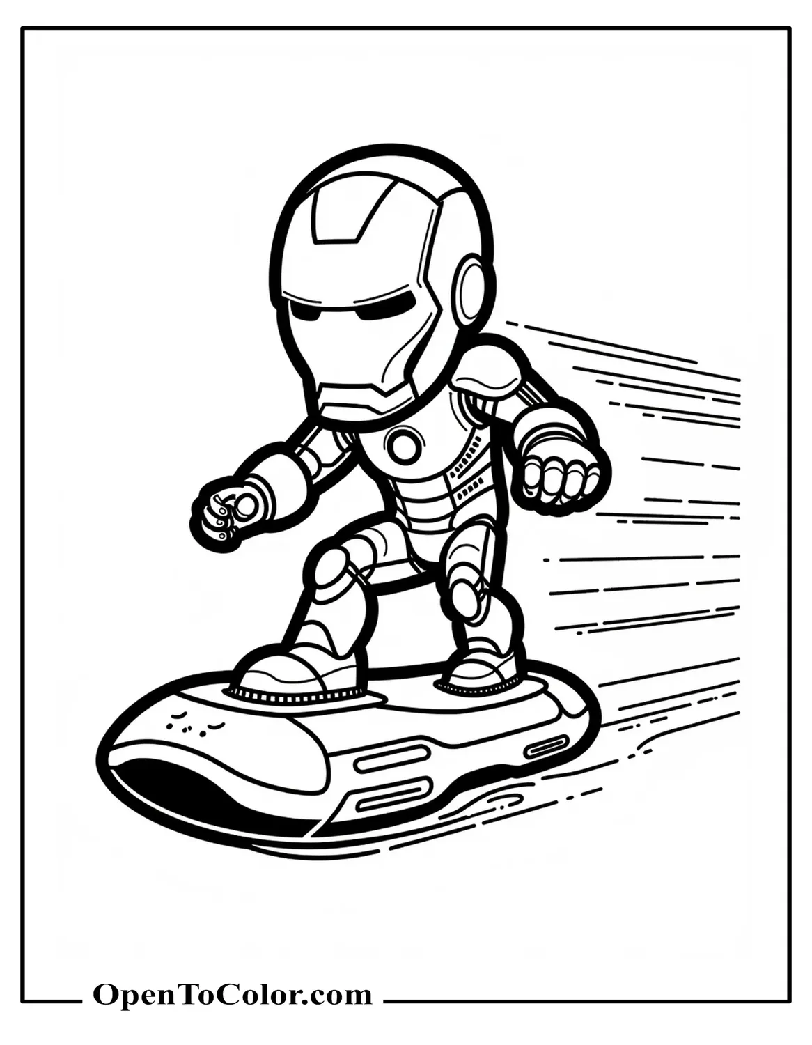 Free Cartoon Iron Man Riding Futuristic Hoverboard Coloring Sheet, Motion Lines Behind