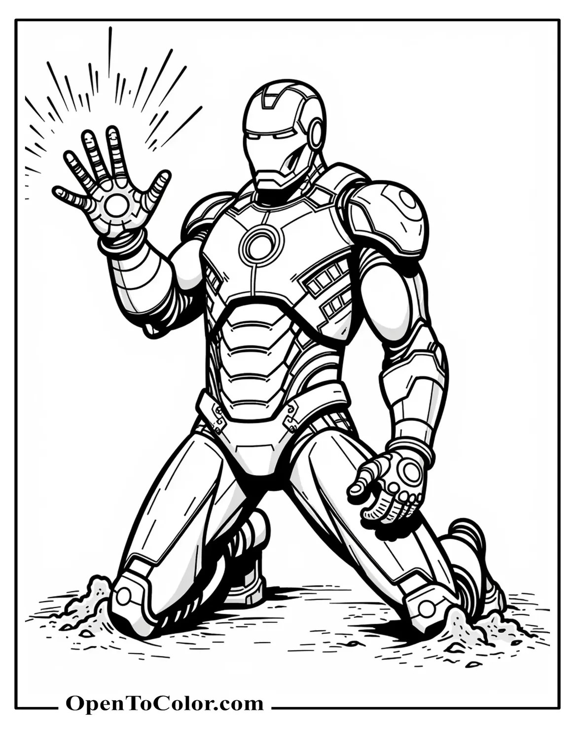 Printable Coloring Sheet of Battle-Damaged Iron Man Kneeling, Nano-Gauntlet Hand Open, Sparks Flying
