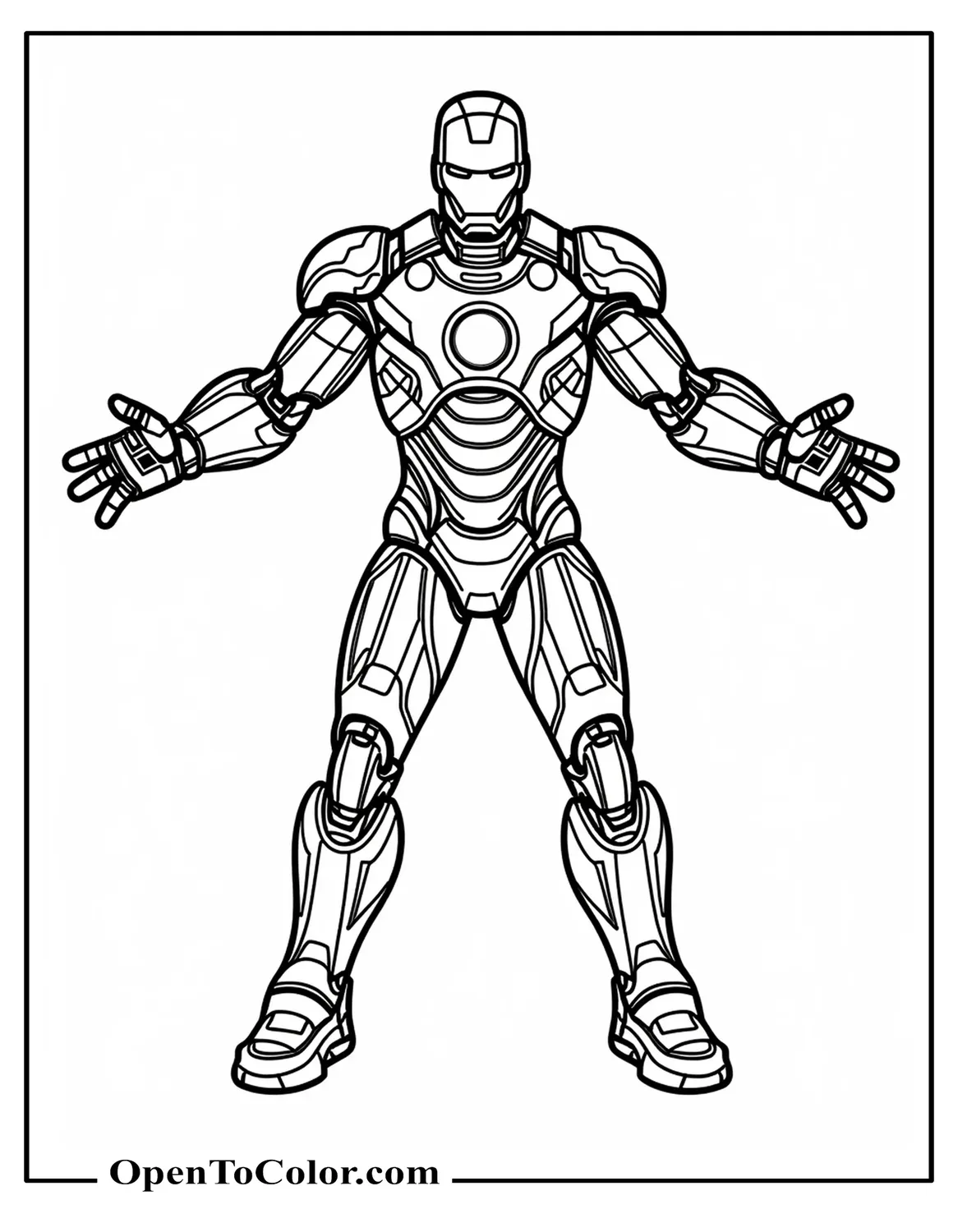 Highly Detailed Coloring Page of Exploded-View Iron Man Armor Panels Surrounding Glowing Core, PDF