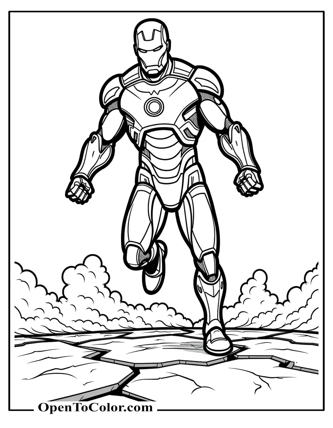 Iron Man landing in hero pose, breaking ground, smoke swirling, coloring page PDF.