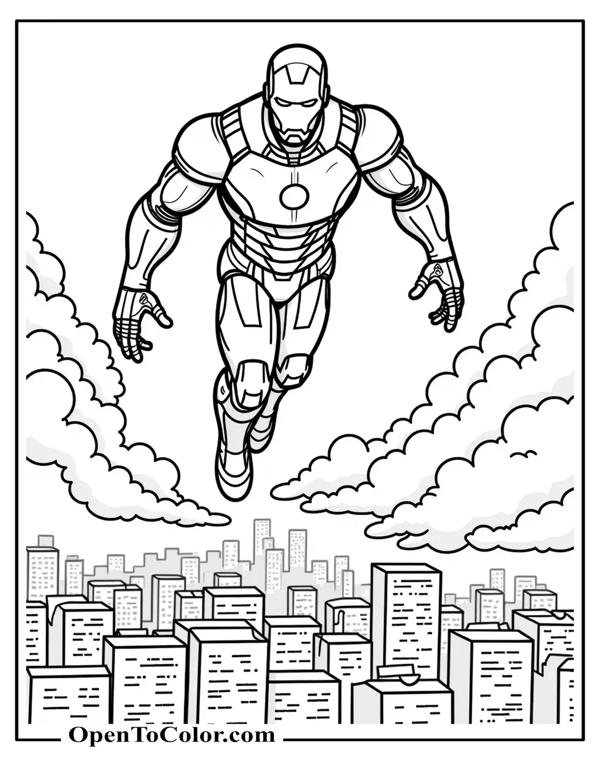 Iron Man hovering above city skyline, clouds behind, printable coloring sheet.