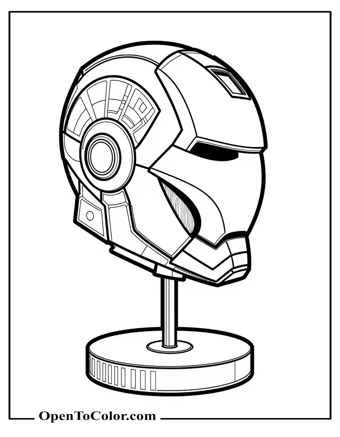 Side-view Iron Man helmet coloring page on display stand with subtle HUD readouts, printable.