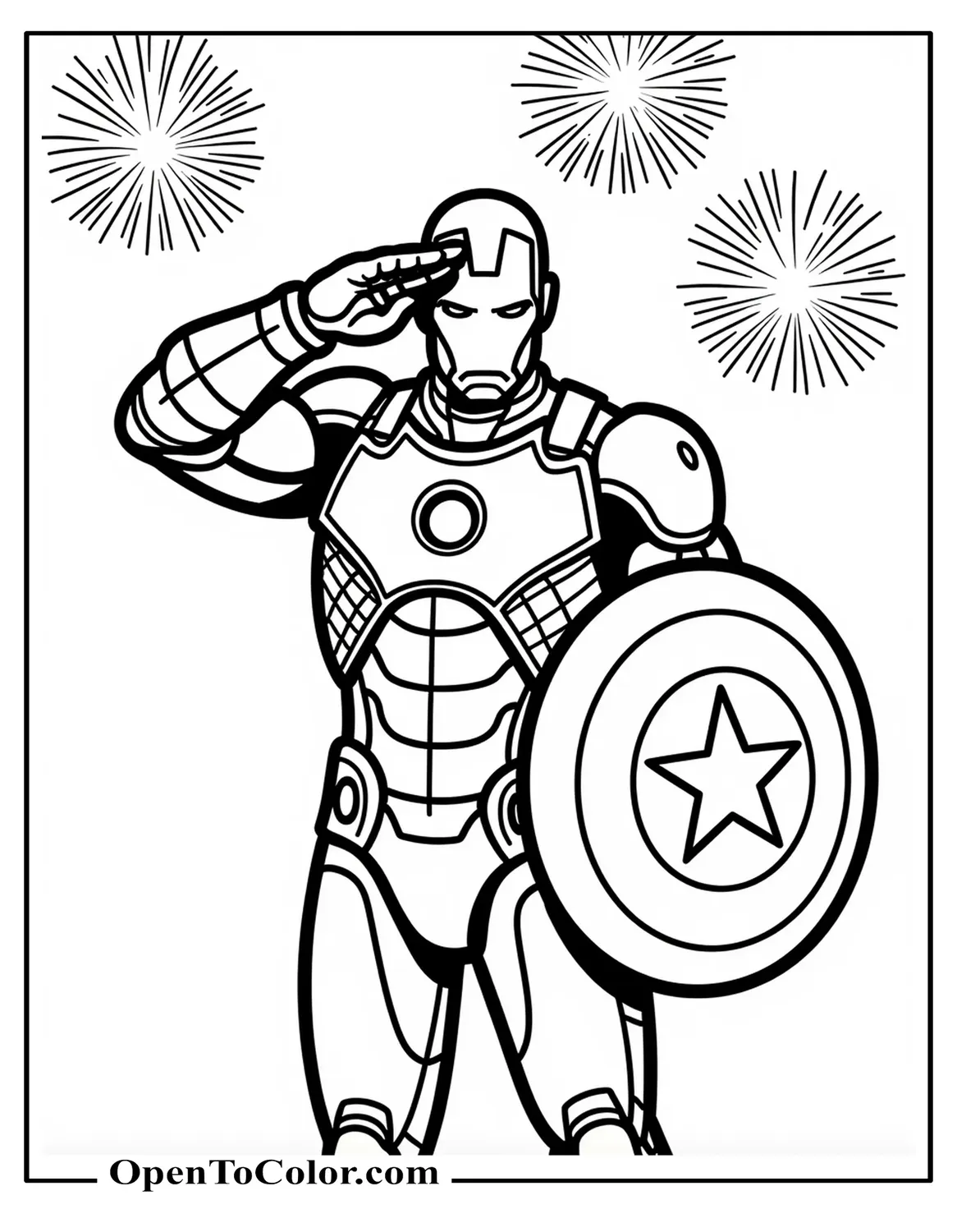 Iron Man saluting beside star-patterned shield, fireworks overhead, coloring sheet PDF.