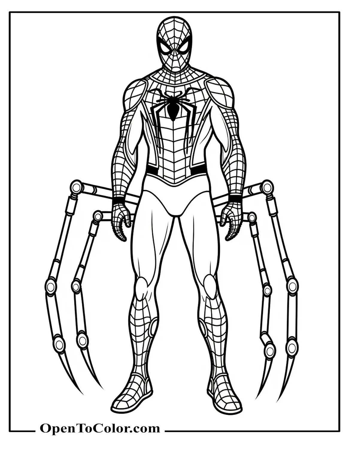 Free Coloring Page of Iron Spiderman in Armored Suit with Mechanical Blades Expanded