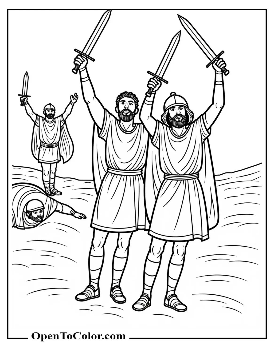 Free Coloring Page of Two Israelite Soldiers Cheering With Swords Raised; Fallen Goliath and Jubilant David in Background