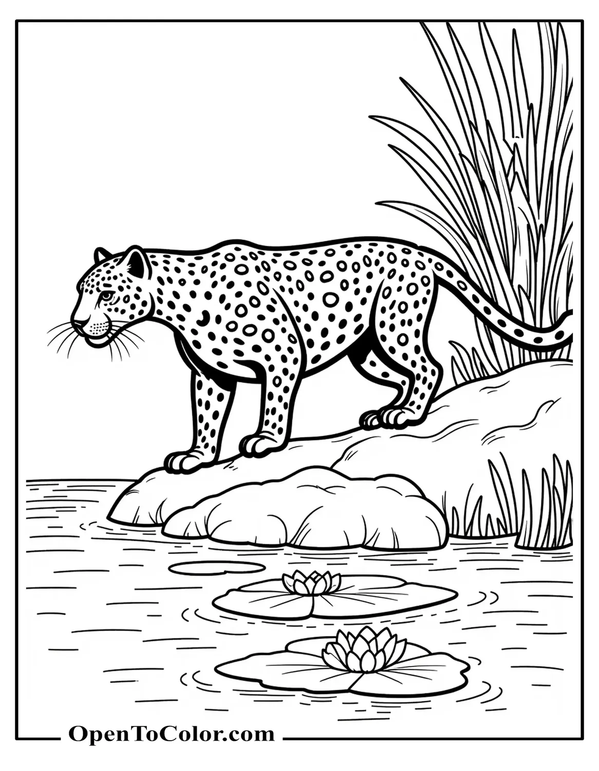 Detailed Jaguar Prowling Along a Riverbank Beside Lily Pads Coloring Page PDF