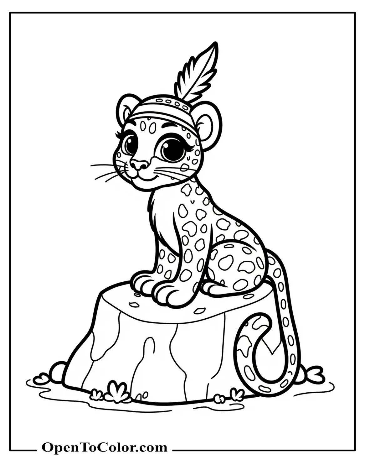 Printable Coloring Sheet of Cartoon Jaguar Sitting on a Rock Wearing a Feather Headband