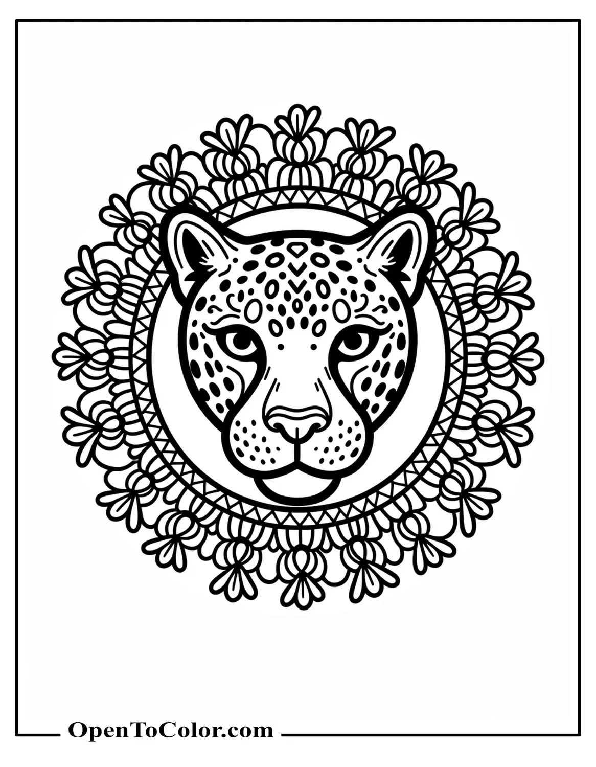 Free Coloring Page of a Jaguar Head Inside an Ornate Floral Mandala