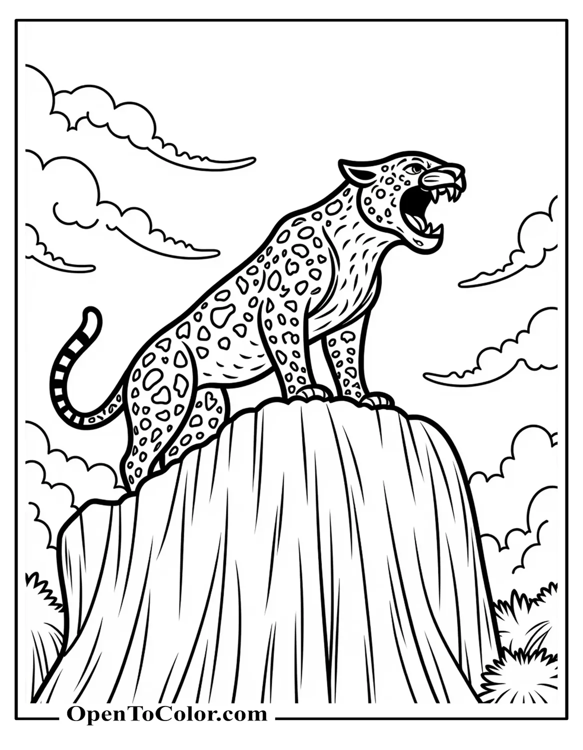 Free Coloring Sheet of a Jaguar Roaring Atop a Waterfall With Mist Swirling