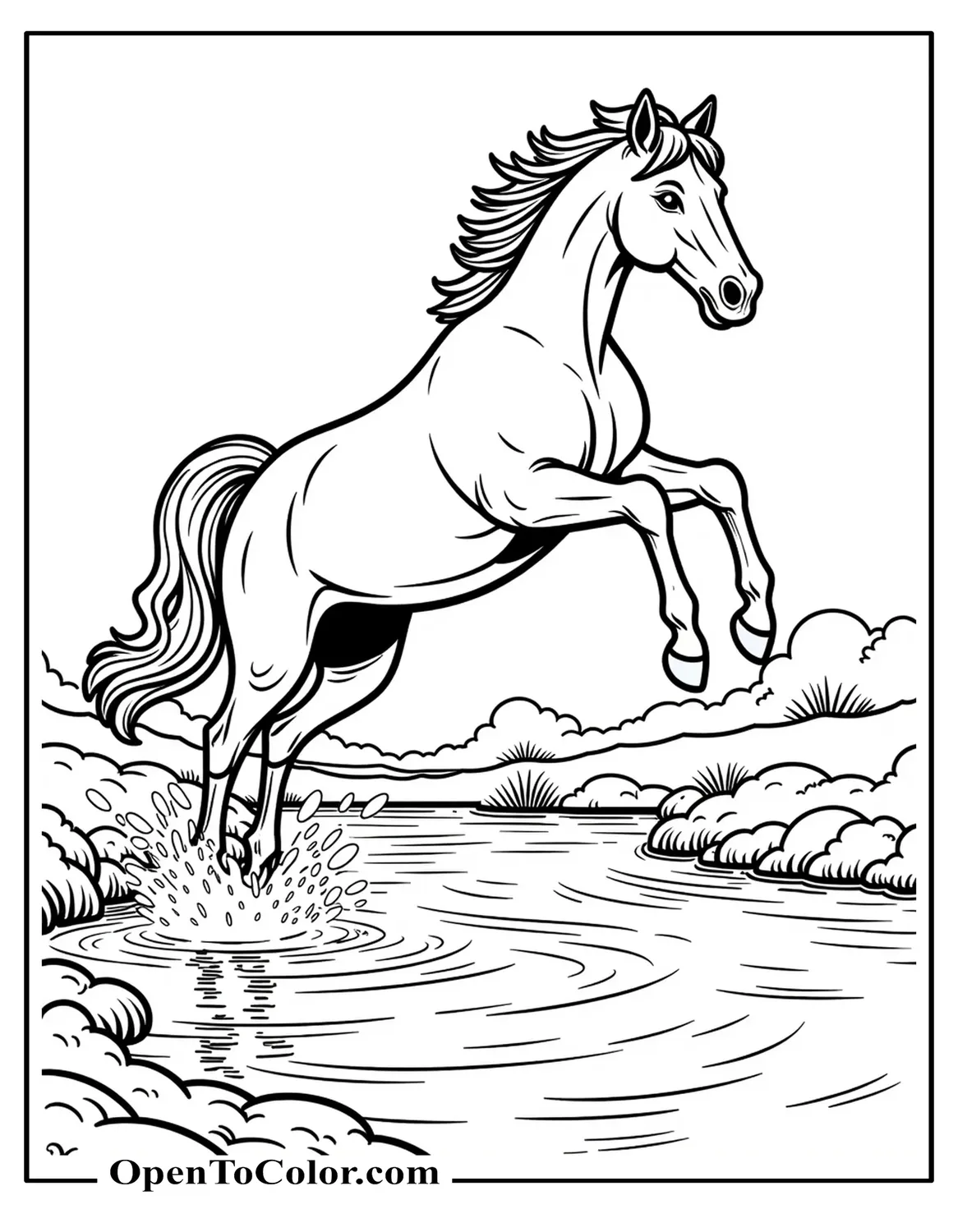 Horse Jumping Over Brook With Water Splash Below Coloring Page PDF