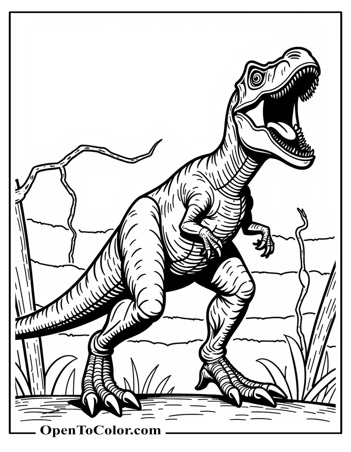 Printable Jurassic Park T-Rex Breaking Electrified Fence Coloring Page