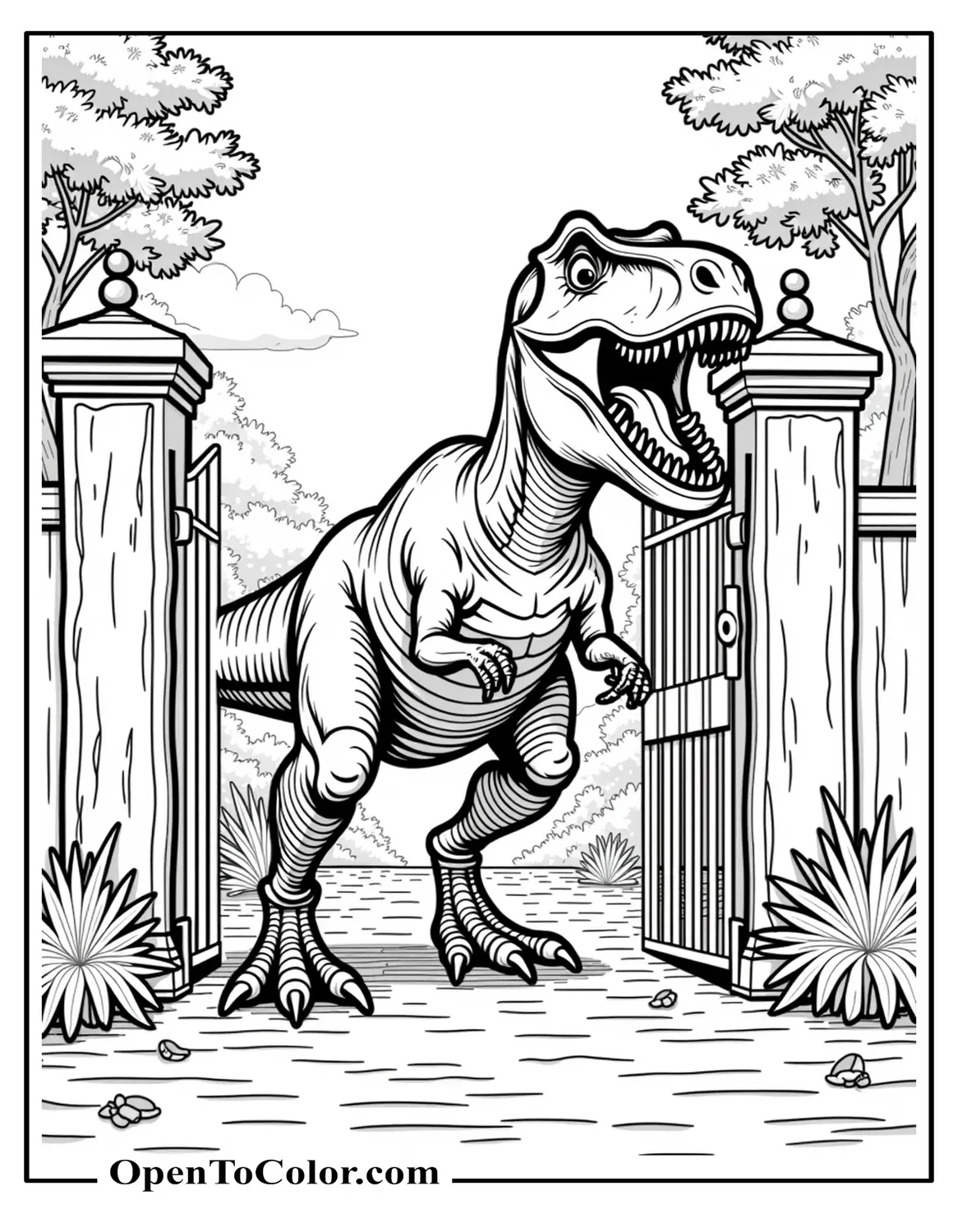 Free Coloring Page of Jurassic World Style T-Rex Bursting Through Park Gate