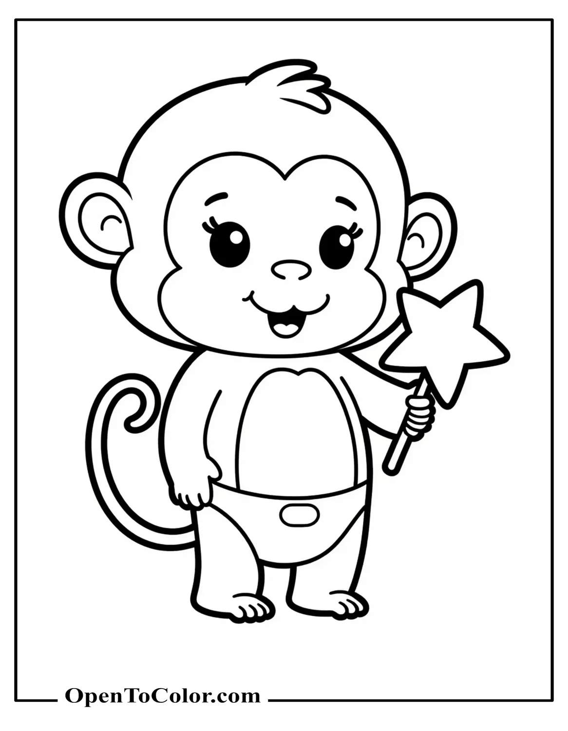Free Kawaii Baby Monkey Coloring Page Holding Star Wand Wearing Diaper