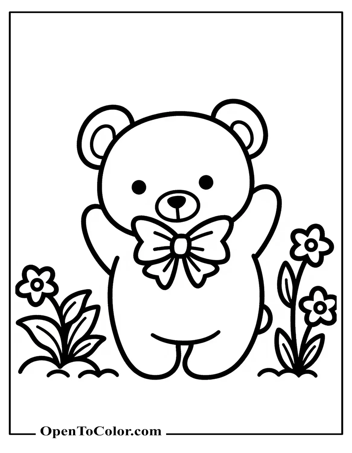 Free Sanrio Style Bear With Oversized Bow Waving Beside Tiny Flowers Coloring Sheet