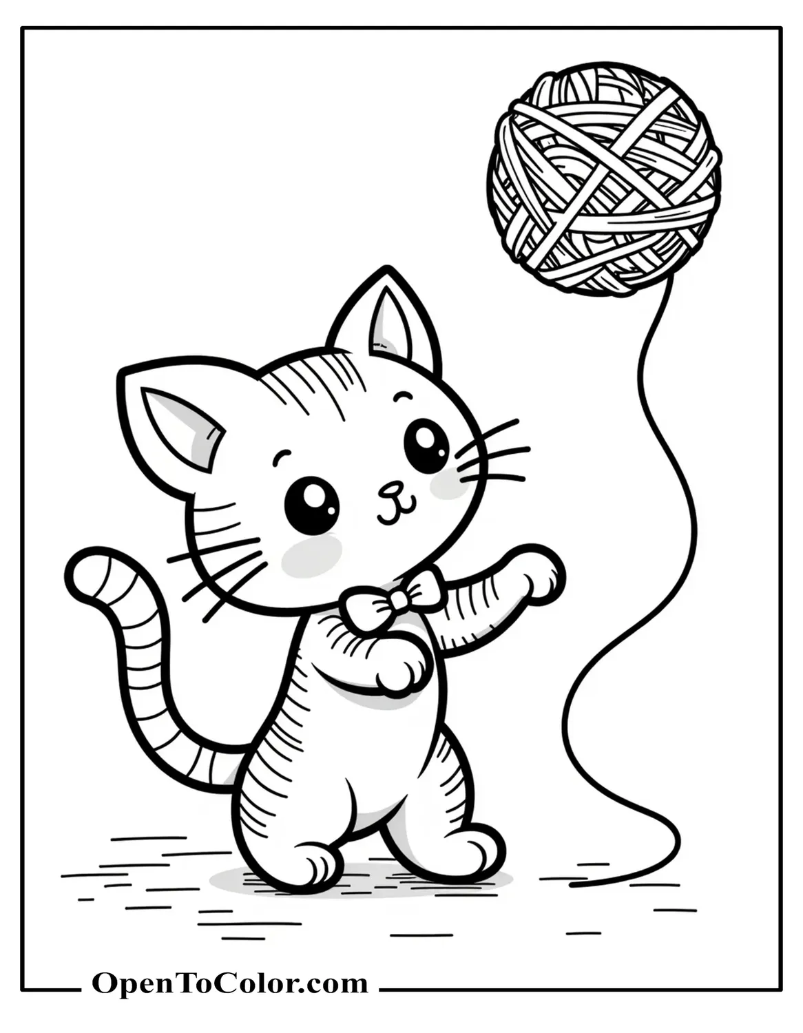 Round-faced cat coloring page with tiny paws and wide anime-style eyes, printable.