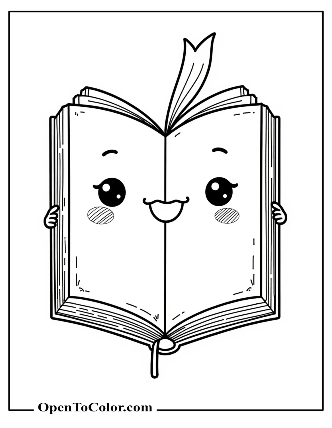 Kawaii open book coloring sheet with smiling pages and printable bookmark ribbon fluttering