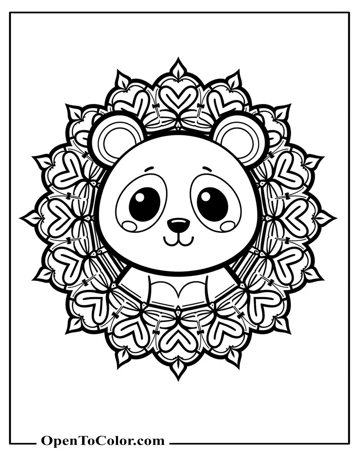 Kawaii mandala coloring page built around smiling panda face and bamboo, printable.