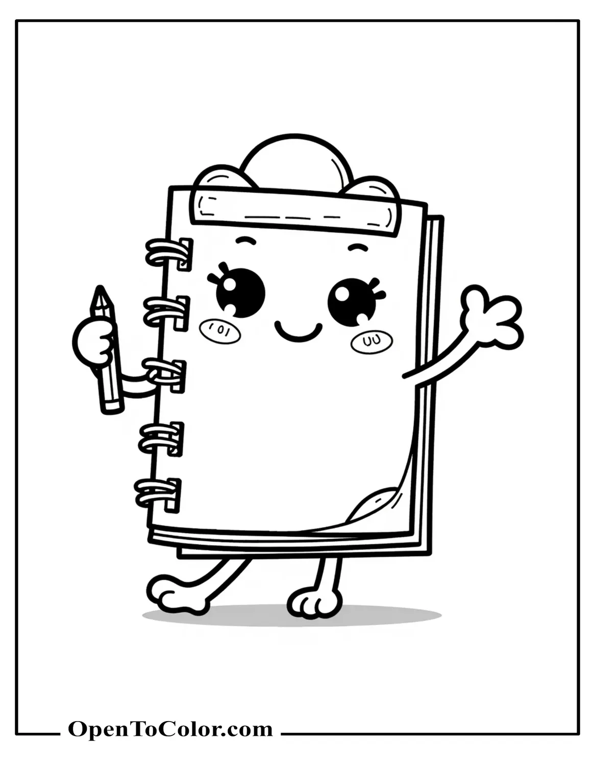 Printable coloring sheet of kawaii notepad with cute face and pencil dancing beside it.