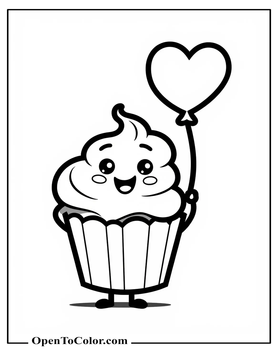 Cute Disney Style Cartoon Cupcake Holding A Heart Balloon Coloring Page Printable