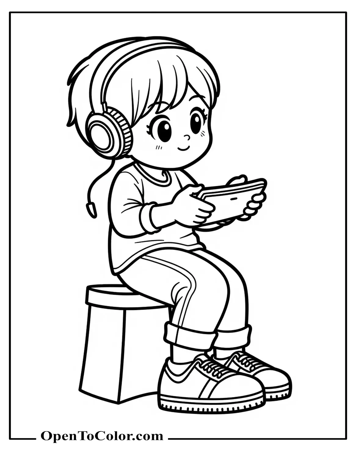 Kawaii Anime Boy With Headphones Playing Handheld Console Coloring Page PDF