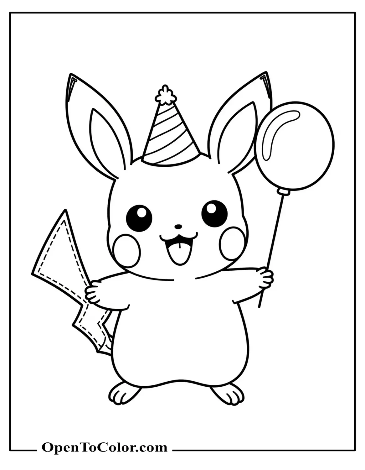 Kawaii Baby Pikachu Coloring Page PDF Wearing Birthday Hat Holding Balloon
