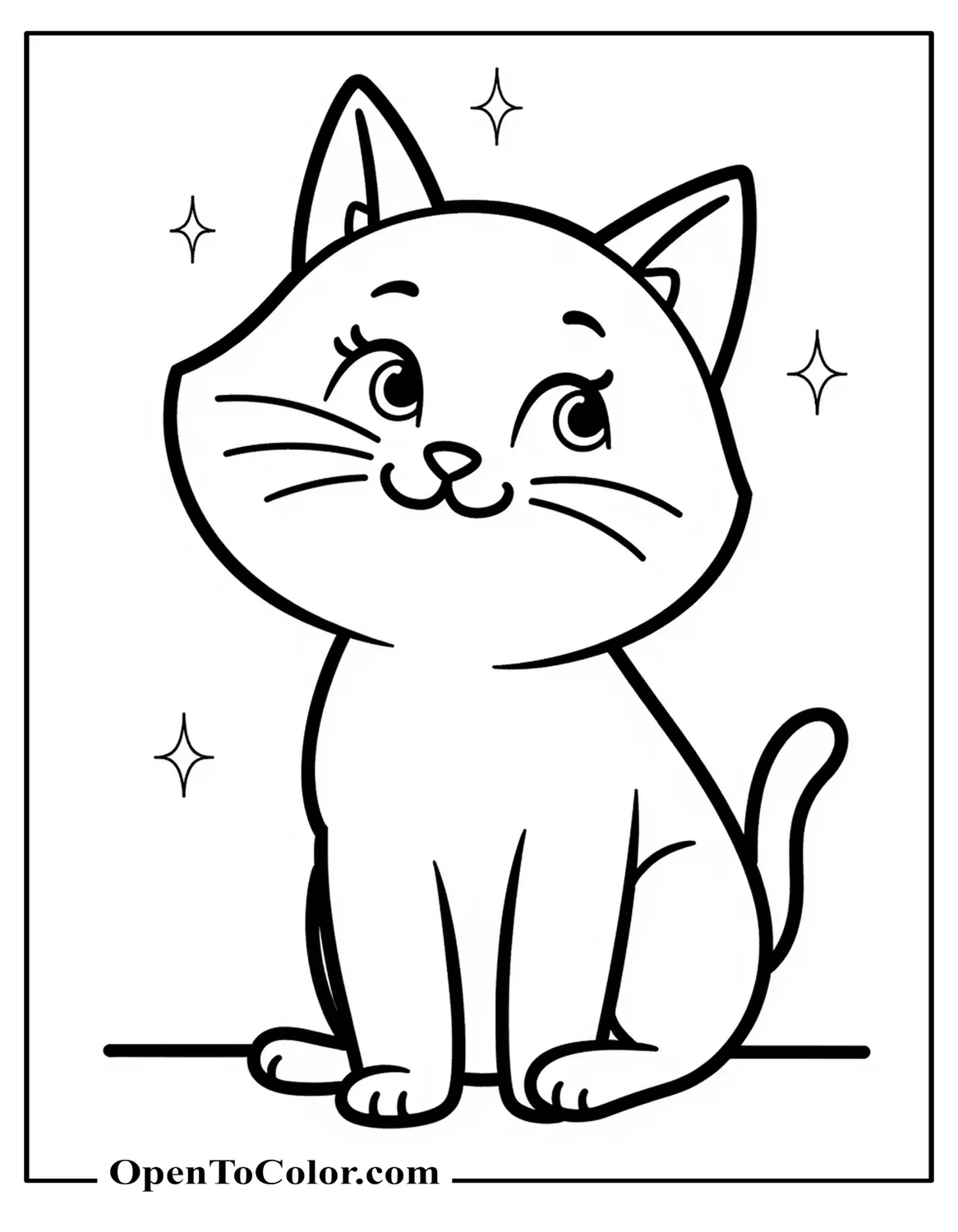Round-faced cat coloring page PDF with sparkles and oversized cheeks sitting