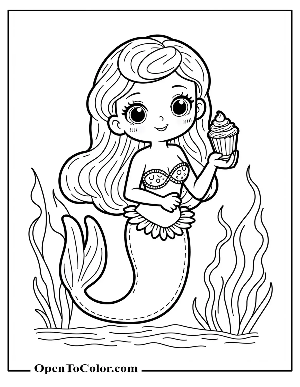 Chibi mermaid coloring sheet PDF holding a cupcake under water