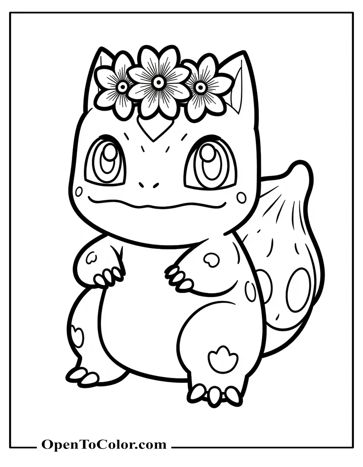 Printable Kawaii Bulbasaur Coloring Sheet With Flower Crown And Big Sparkling Eyes