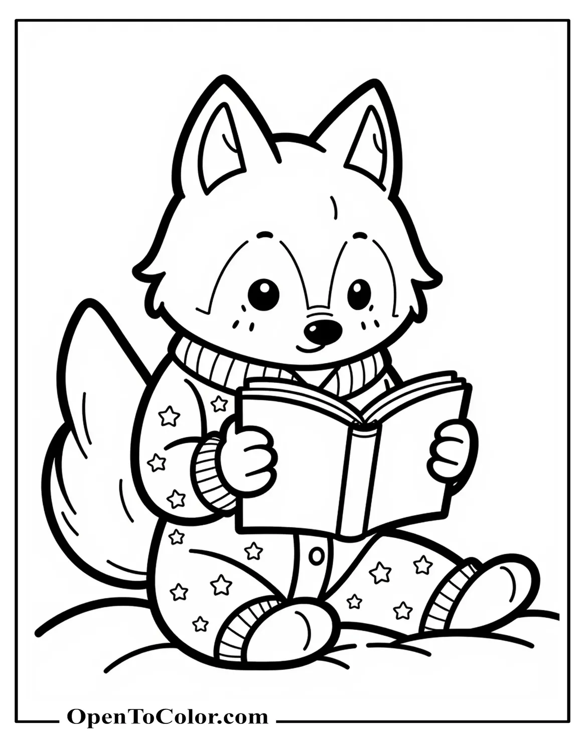 Free coloring page of a kawaii wolf wearing star-patterned pajamas reading a bedtime storybook.