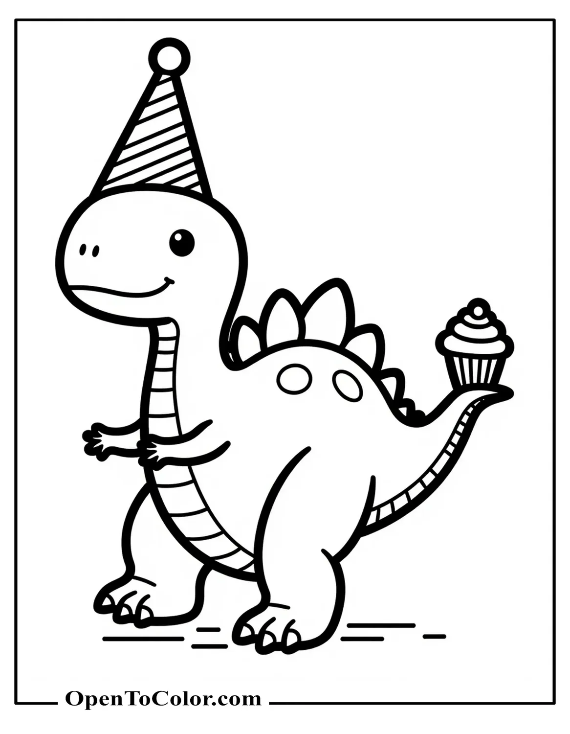 Kawaii Stegosaurus in Party Hat Balancing Cupcake on Tail Coloring Page Printable