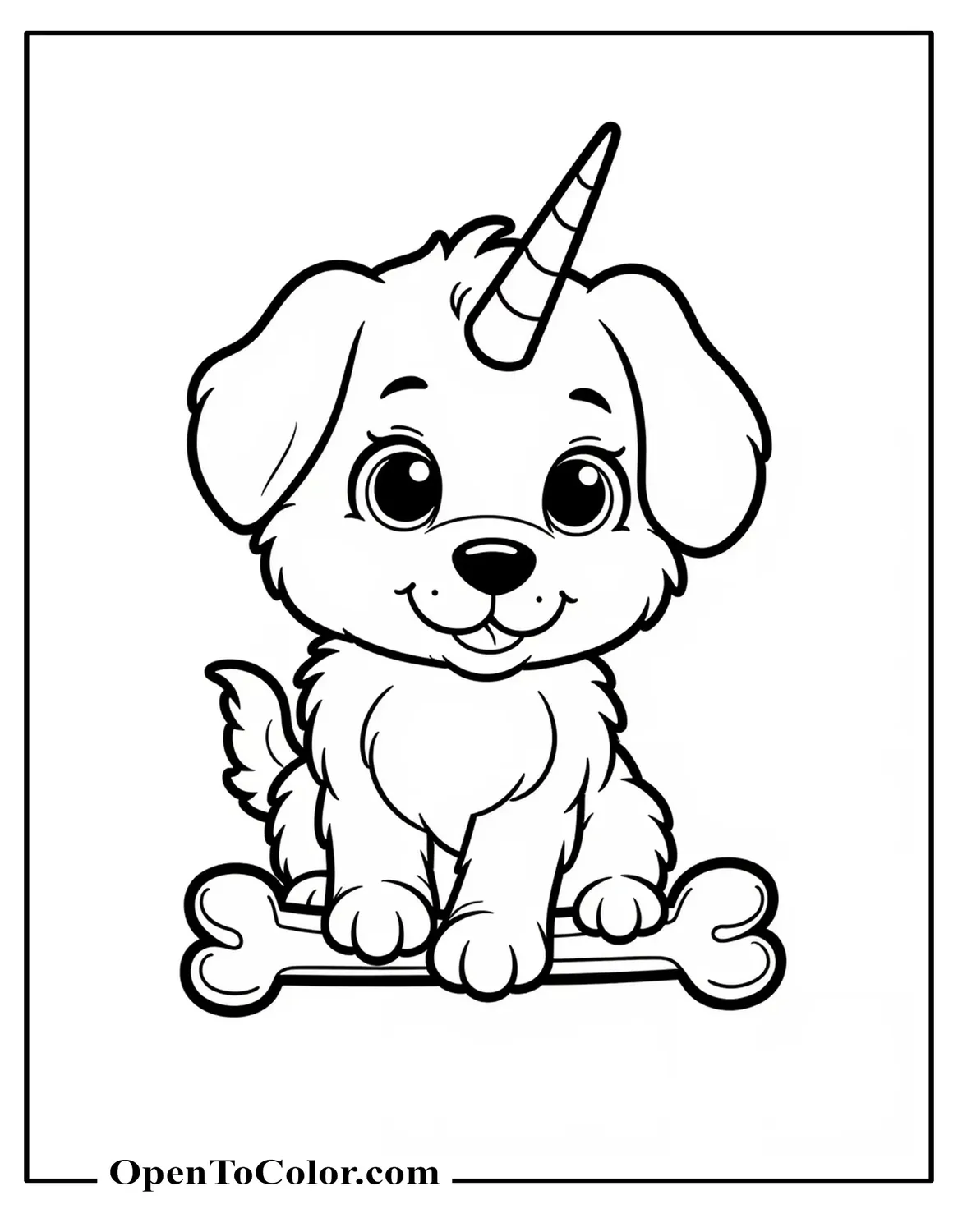 Kawaii puppy with unicorn horn wagging tail beside bone coloring sheet PDF