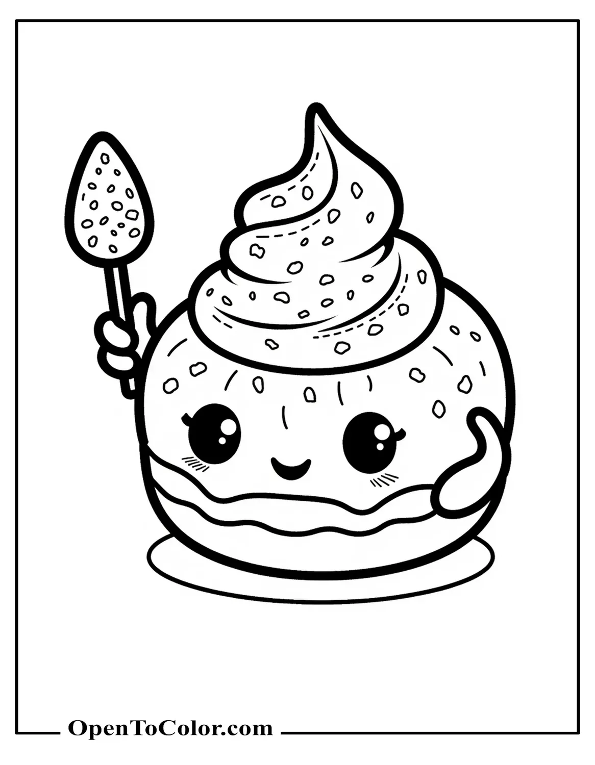 Free Coloring Page of Kawaii Donut with Frosting Face Waving Sprinkle Wand
