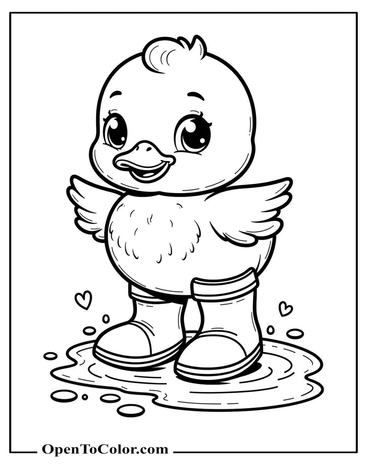 Free Coloring Sheet of a Kawaii Duckling in Rain Boots Splashing a Puddle with Raindrop Hearts