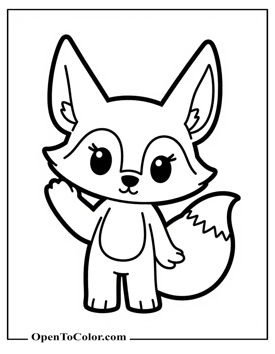Free Coloring Page of Kawaii Fox with Oversized Head Waving Its Paw