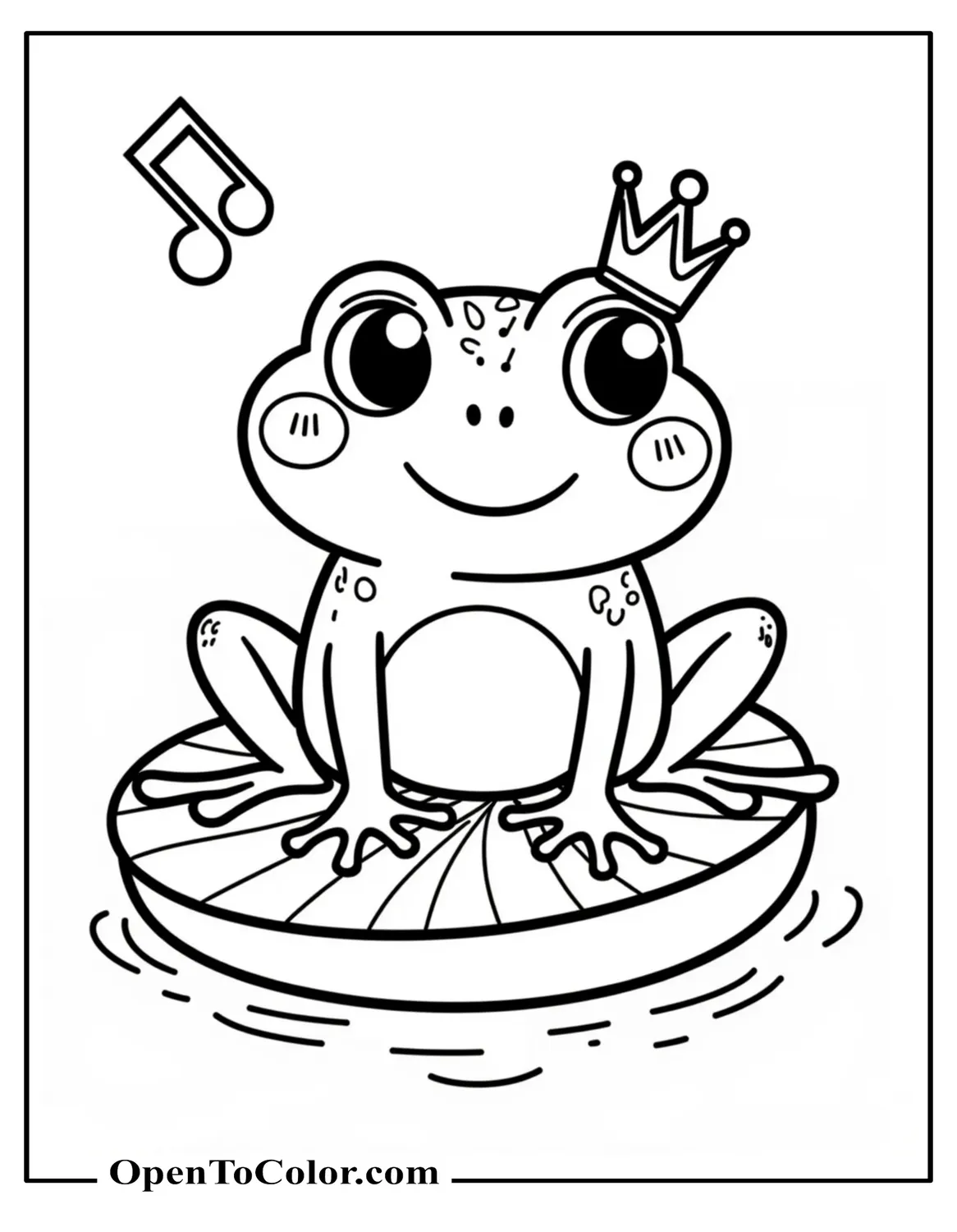 Kawaii Frog On Lily Pad With Tiny Crown And Music Note Printable Coloring Sheet