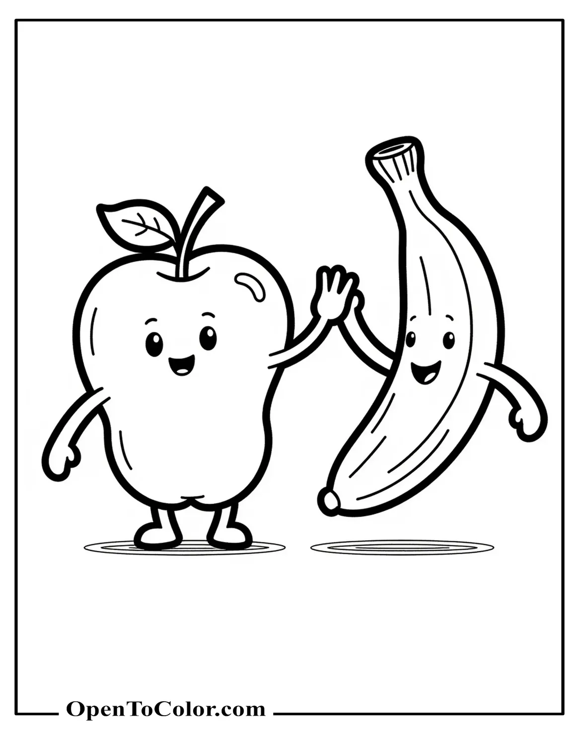 Kawaii apple and banana high-fiving with cheerful faces coloring page printable.