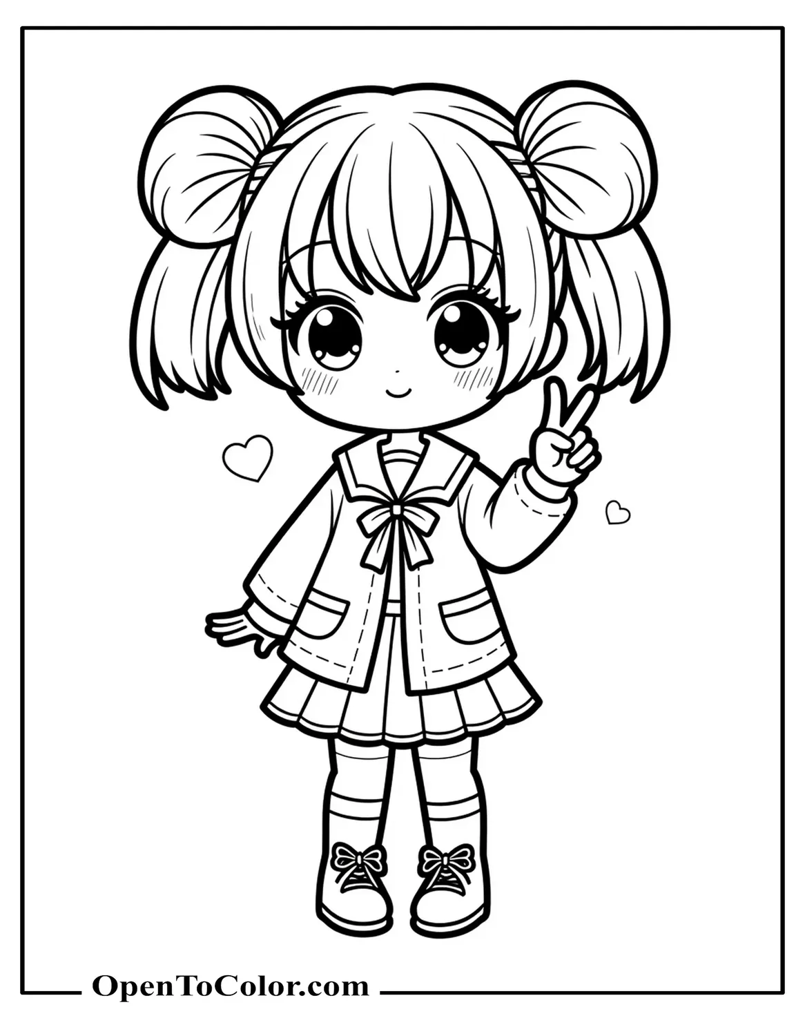Kawaii Schoolgirl With Twin Buns Flashing Peace Sign, Tiny Hearts Coloring Sheet PDF