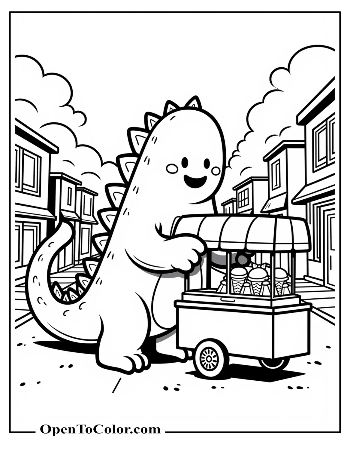 Kawaii Godzilla Pushing An Ice-Cream Cart Down A Deserted Avenue Coloring Sheet PDF
