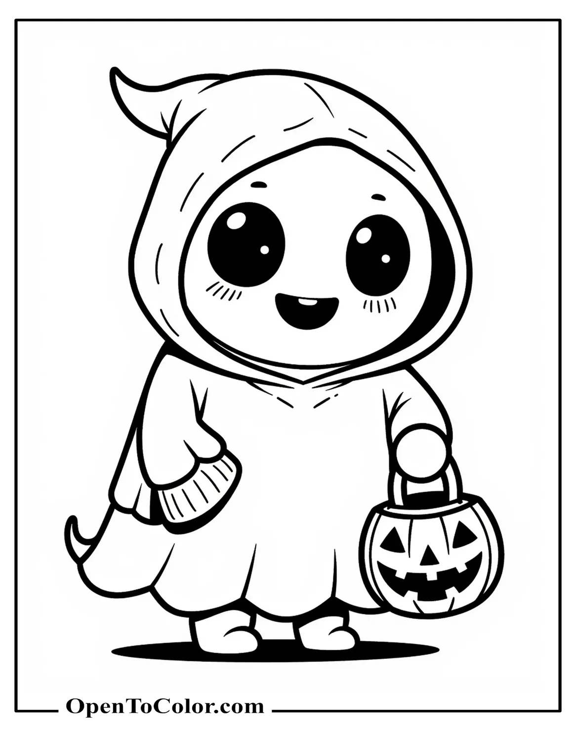 Kawaii ghost in pumpkin hoodie holding mini jack-o-lantern bucket, printable coloring page.