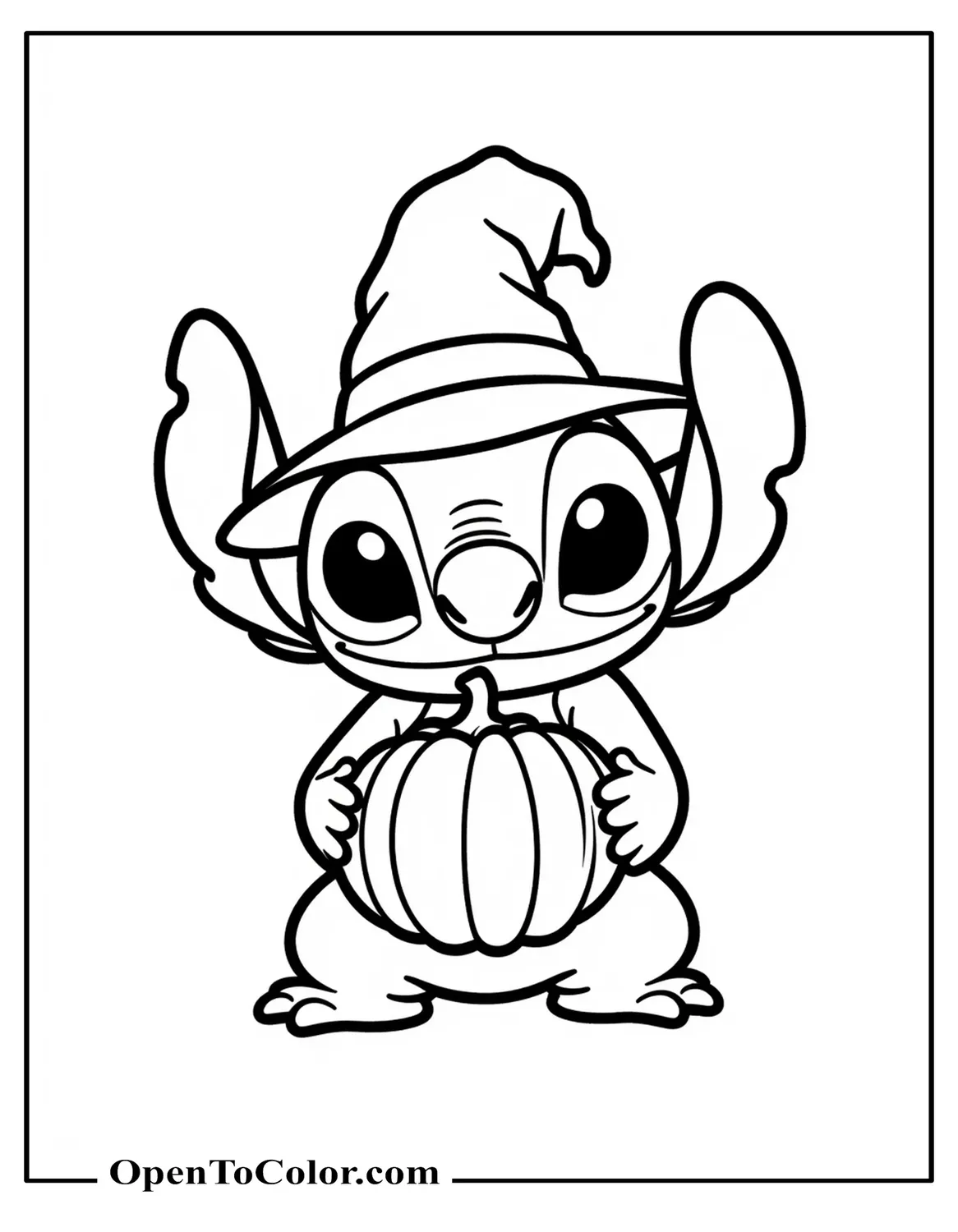 Chibi Stitch Wearing Witch Hat Hugging Small Pumpkin Coloring Page PDF