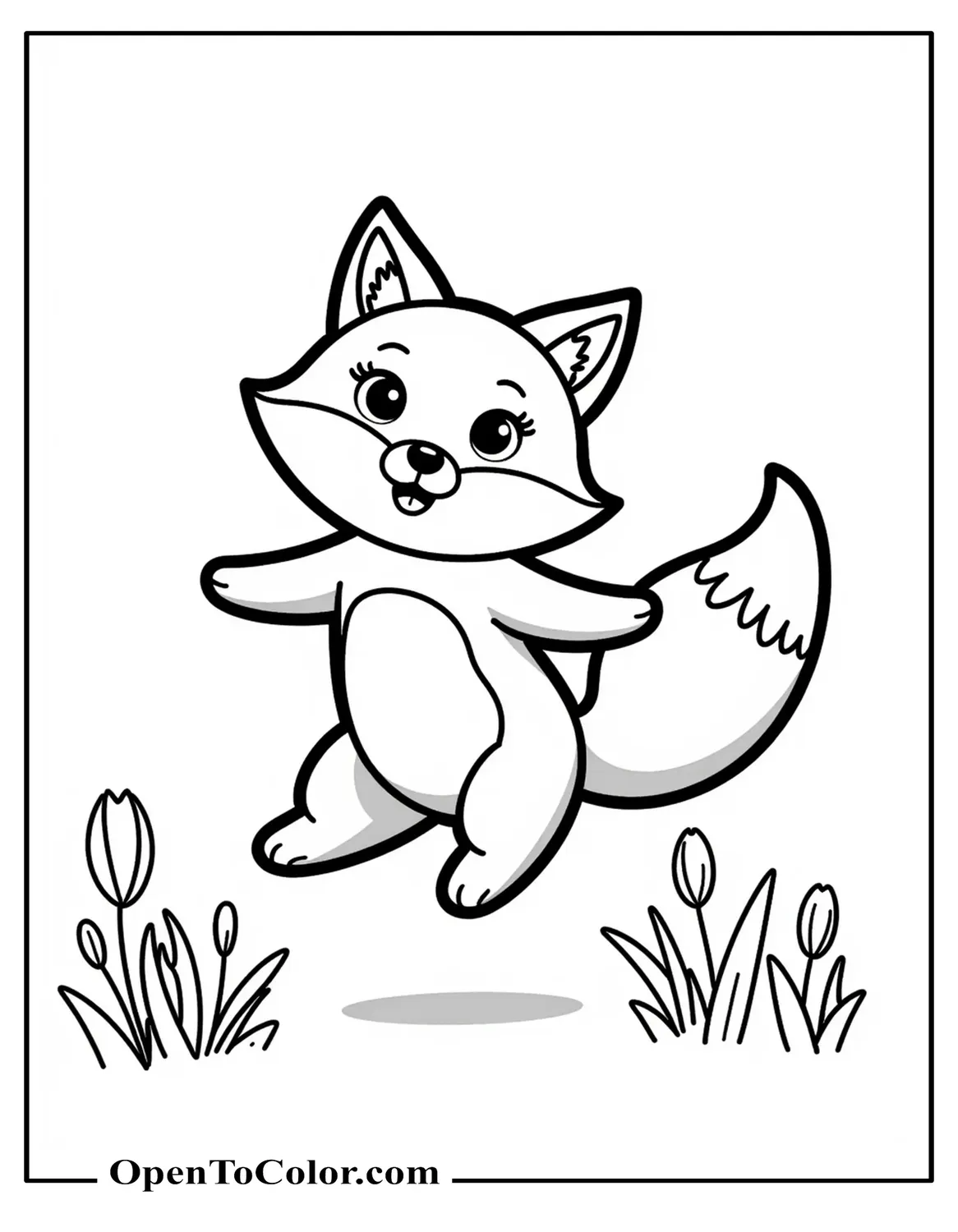Free Kawaii Happy Fox Jumping In A Meadow Coloring Sheet