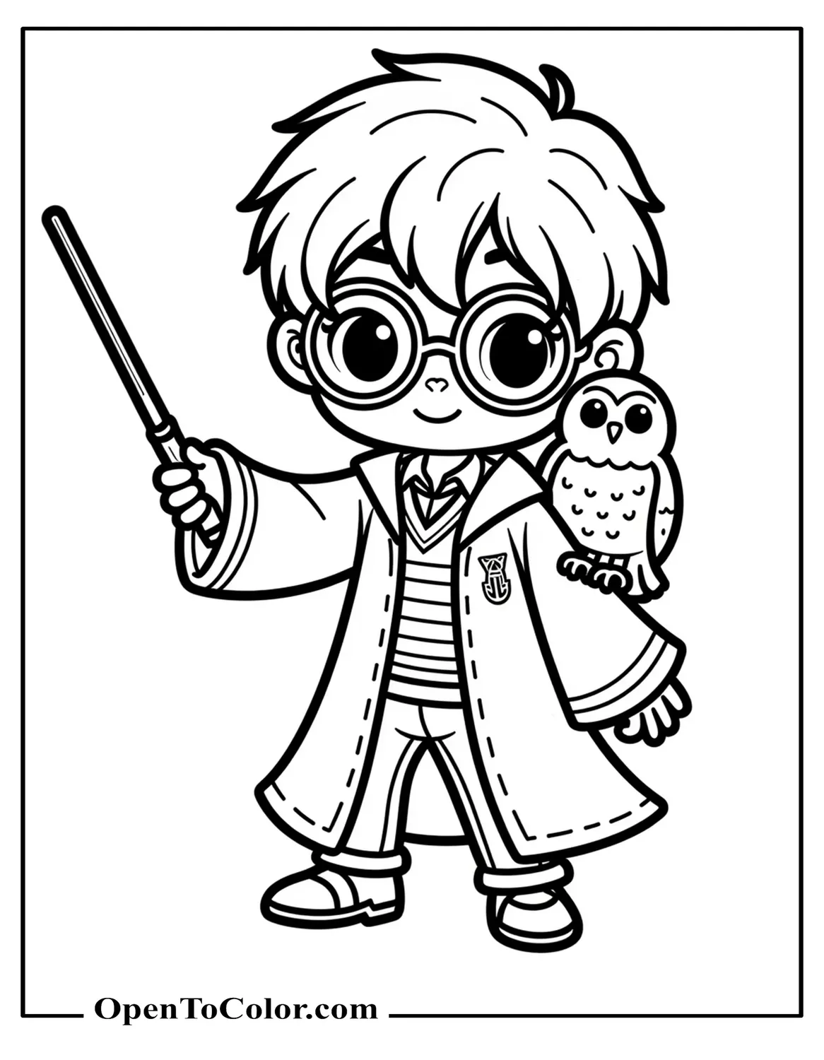 Kawaii Harry Potter Coloring Page PDF With Round Glasses, Holding Wand In One Hand, Owl Perched On Shoulder