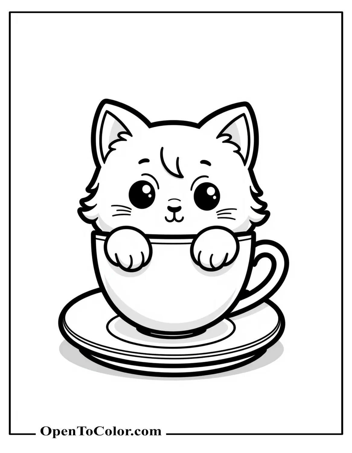 Free Coloring Sheet of Kawaii Kitten Peeking From Teacup With Little Paw on Rim