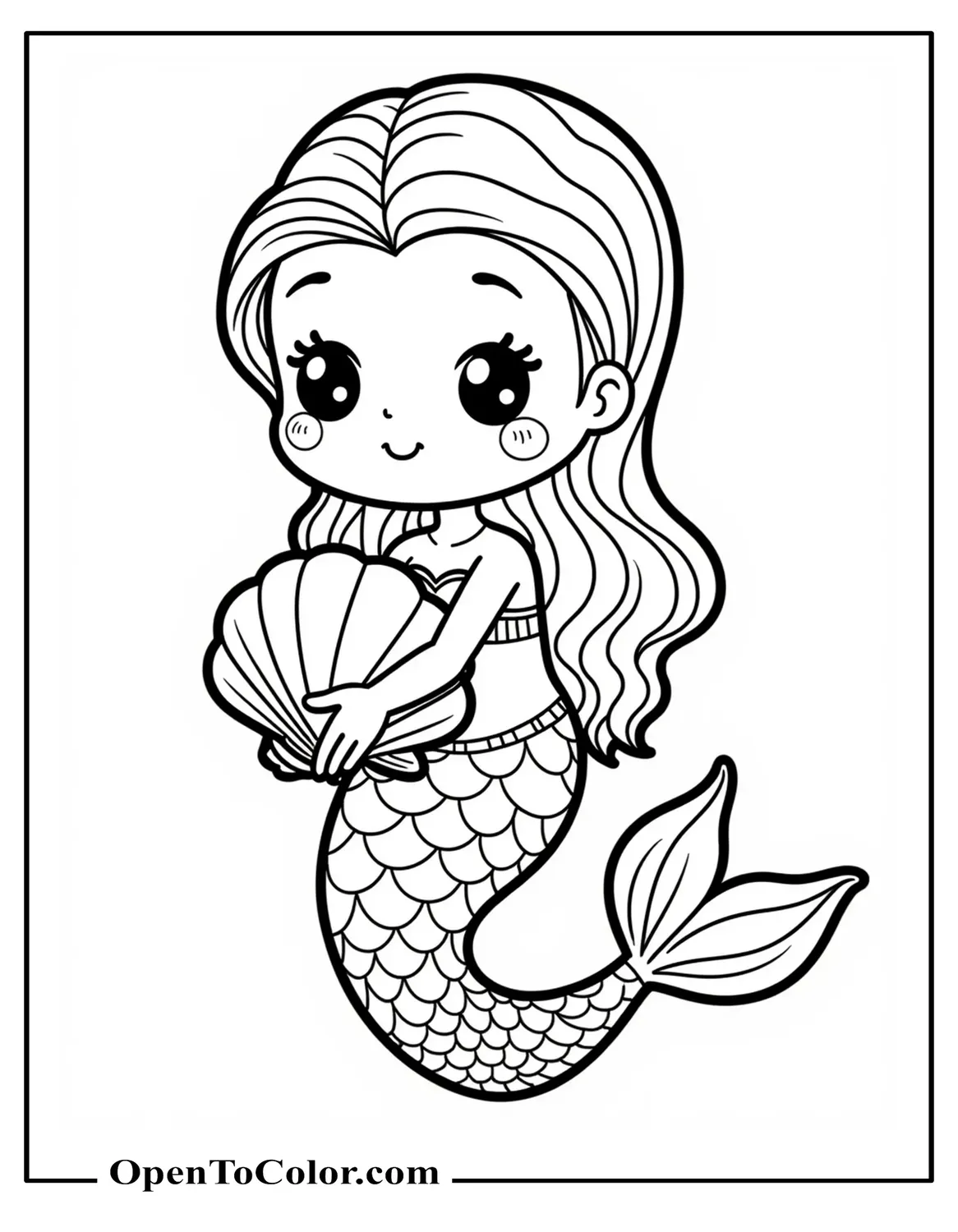 Kawaii mermaid coloring page PDF with oversized head hugging a shell